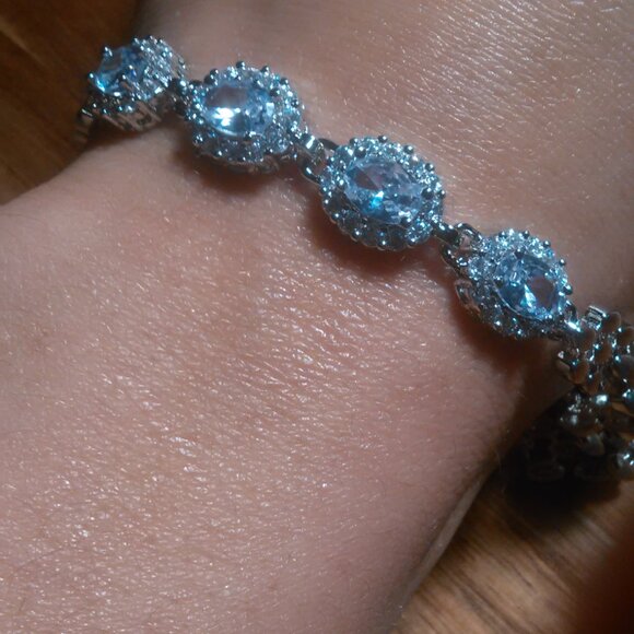 Simulated Blue and White Diamond Silvertone Brass Bracelet - Picture 10 of 15